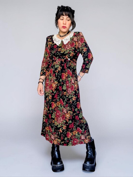 Vintage Dresses & Skirts - Vintage 80's crocheted peter pan bib fairy cottage  grunge floral midi dress S